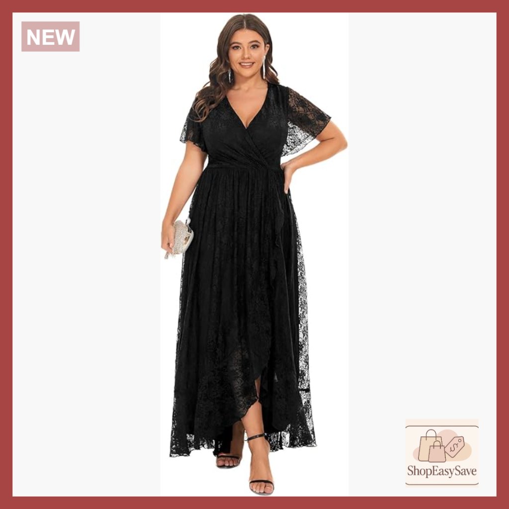 Lace V-Neck Ruffles Sleeves A-Line Formal Dress Elegant Plus Size Wedding Guest